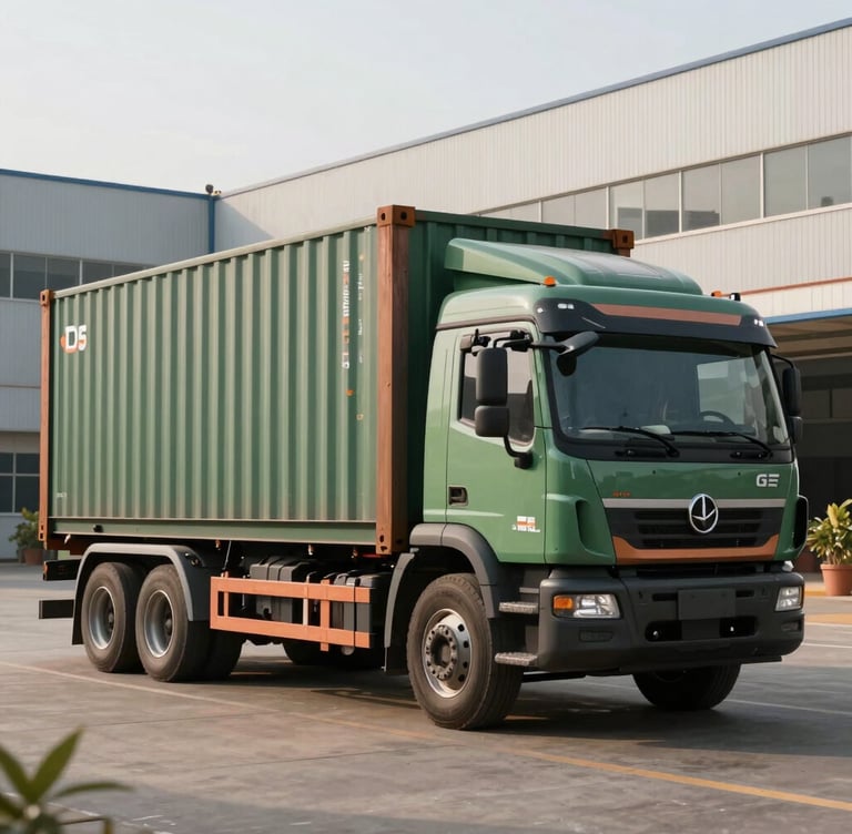 A modern commercial logistics truck loaded with secure containers, parked outside a clean South Asian / Indian factory facility. The truck has subtle green and copper branding. Professional setting, industrial vibe.
