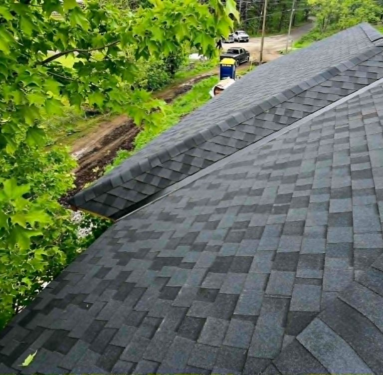 Aerial view of a newly installed asphalt shingle roof with black architectural shingles on a residential home.
