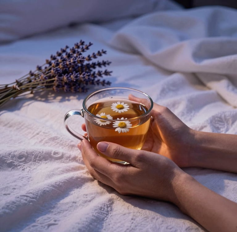 A comforting close-up photograph of hands holding a warm mug of herbal chamomile tea on a bed, surrounded by soft white linen blankets and dried lavender sprigs. Soft evening side lighting creating gentle shadows in a warm petrol blue and soft lavender toned room in Brazil.