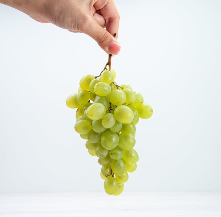 A hand holding a fresh bunch of green seedless grapes against a white background.