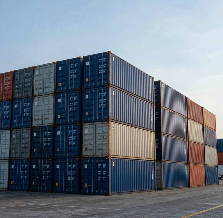 Wide-angle crisp industrial photography of a shipping port at cool morning daylight, stacks of cargo containers, deep blue tones, sharp focus.