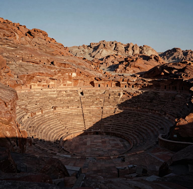 Wide panoramic shot of a rugged stone amphitheater carved into a red rock desert mountain at golden hour, deep long shadows, sharp rock textures.