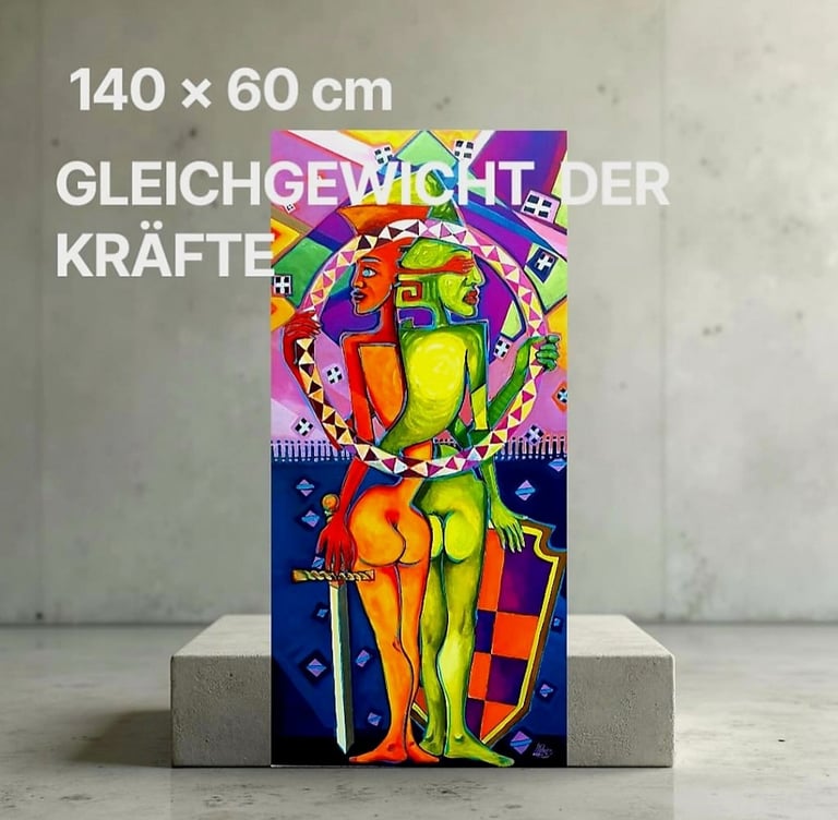 Abstraktes und figuratives Gemälde von Romeo Opincaru, lebendige Farben, Acryl auf Leinwand