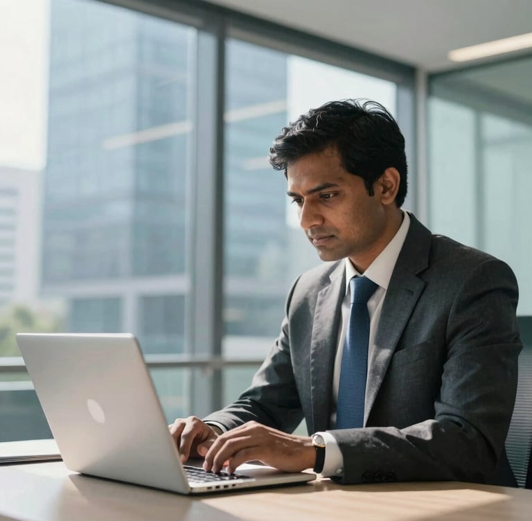 A professional South Asian / Indian HR manager in a modern, glass-walled office in Delhi NCR, analyzing career metrics on a laptop. Sunny daylight, soft background blue corporate colors, sleek design, trust and authority.