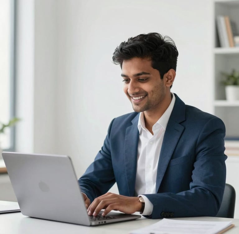 A young South Asian / Indian professional candidate smiling confidently during a video interview on a laptop, in a bright, modern room with minimalist decor. Soft, highly professional illumination with clean white and corporate blue accent colors.