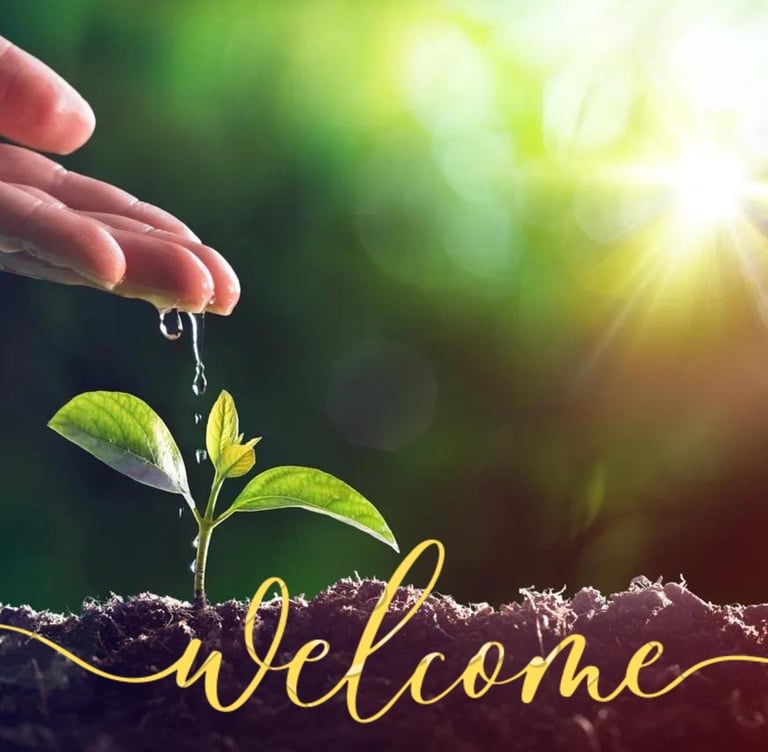 Hand watering a small green plant sprout in soil with sunlight and a yellow welcome script overlay.