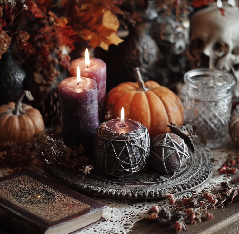 Un autel de sorcières avec des bougies, un grimoire, un crâne aux couleurs de l'automne.