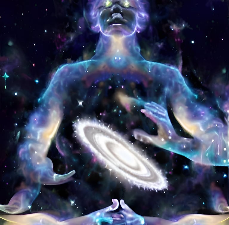 a man sitting in a meditation position with a galaxy - like body