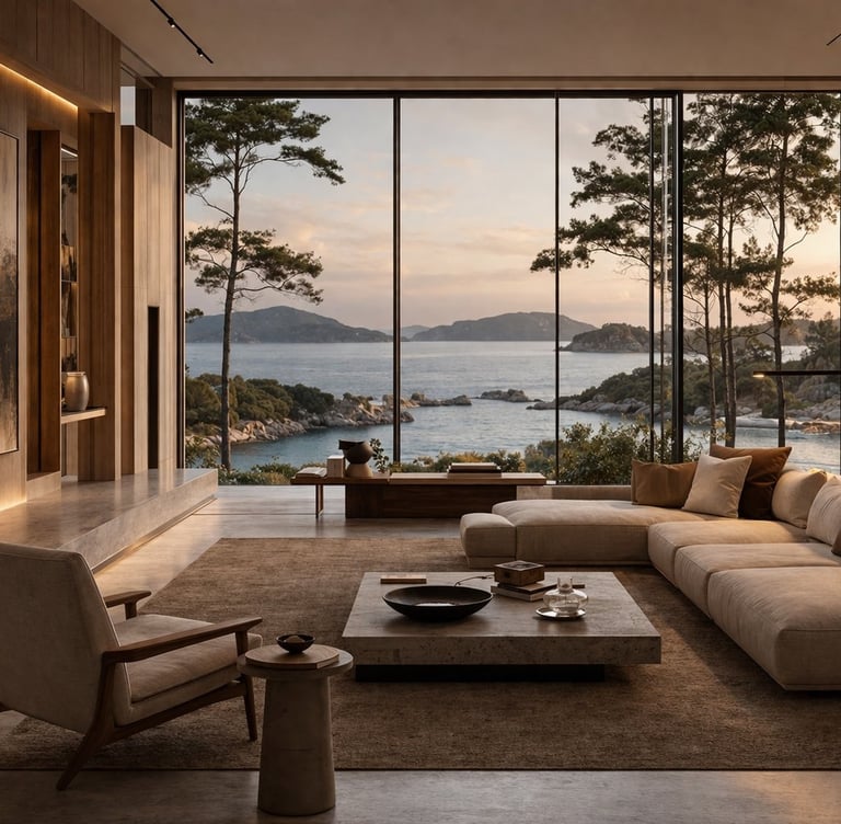 Modern luxury living room with ocean view and large windows.