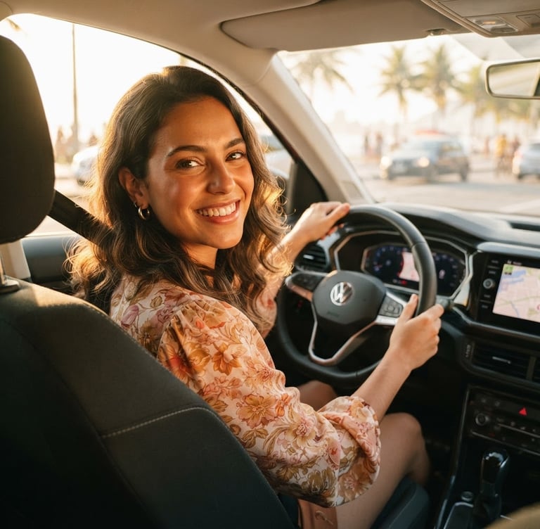 A young Brazilian woman smiling behind the wheel of a modern car, bright natural golden-hour daylight, warm rose and gold undertones, shallow depth of field.