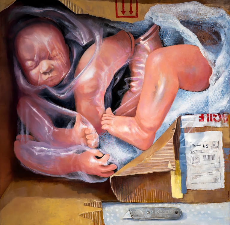 Surreal oil painting of an un-assembled 'Reborn' doll inside a cardboard shipping box