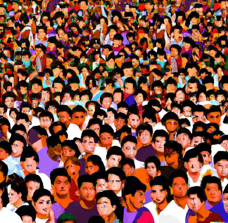 a large group of people standing in a crowd of many different colors