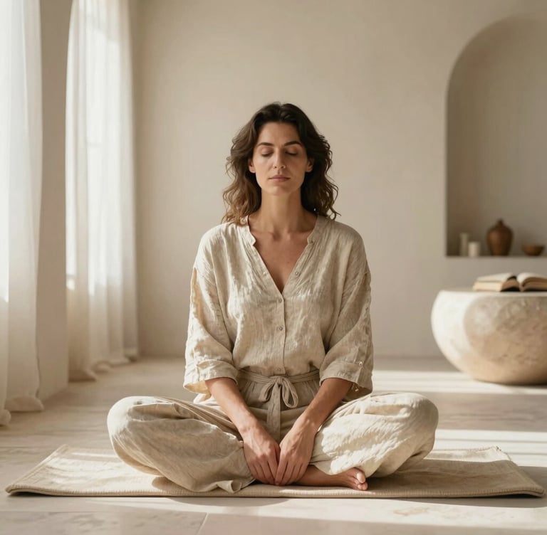 Studio portrait of a female wellness practitioner in natural beige linen, relaxed and grounded, inside an organic architecture spa studio in Valencia with pale stone surfaces and soft Mediterranean sunlight filtering through sheer curtains.