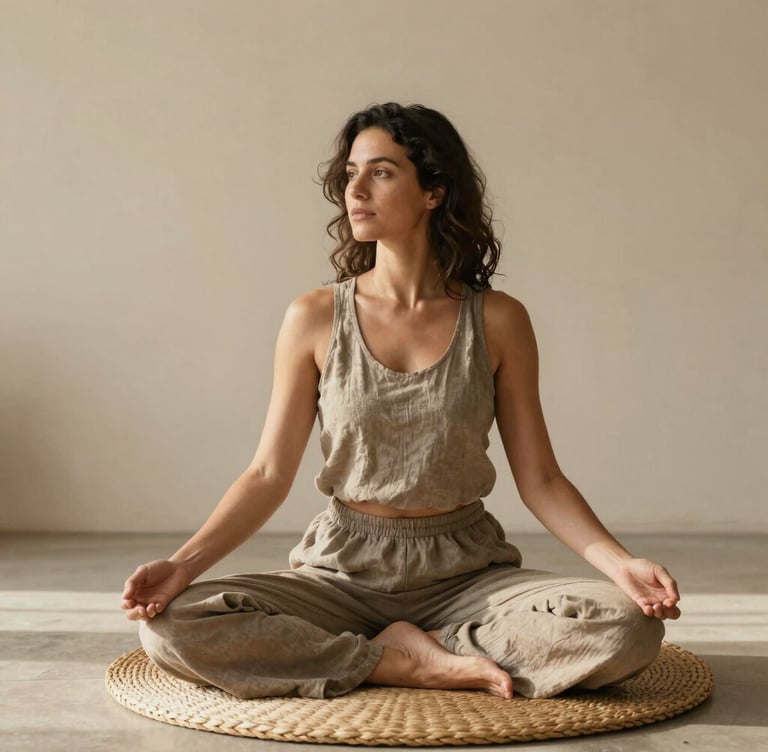 Elegant portrait of a female yoga teacher in a minimalist studio setting in Valencia. She wears natural linen attire in taupe tones, sitting gracefully on a woven mat with warm soft sunlight illuminating the serene scene, Japanese Scandinavian aesthetic with champagne and warm ivory wall backdrops.