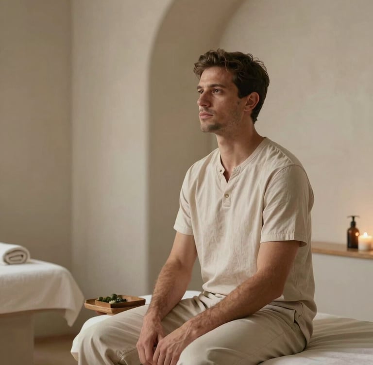 Professional portrait of a male instructor sitting in a minimalist spa-like wellness sanctuary in Valencia, wearing neutral beige attire. Soft natural light, smooth plaster walls in warm silver and ivory, muted Scandinavian design elements, calm atmosphere.