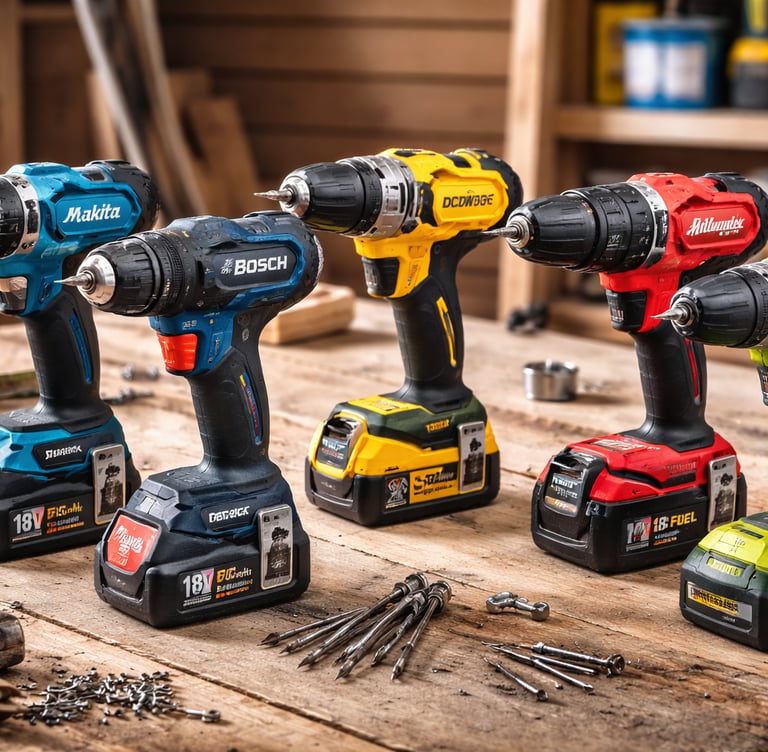 A variety of 18V cordless power drills from Makita, Bosch, Milwaukee, and Ryobi on a wooden workbench.