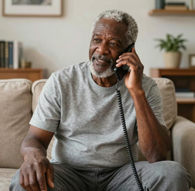 A friendly caregiver gently holding the hand of an elderly person in a bright, cozy living room.