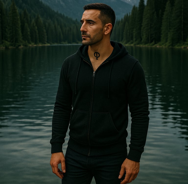 Iriel Thaleon de trois quart face debout avec un lac et un foret au second plan