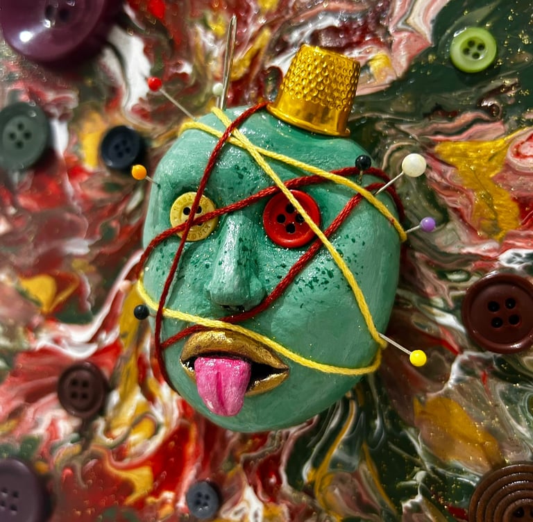 a green and yellow eyes with buttons