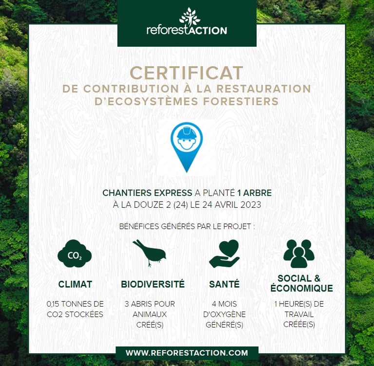 certificat de contribution chantiers express pour reforest action