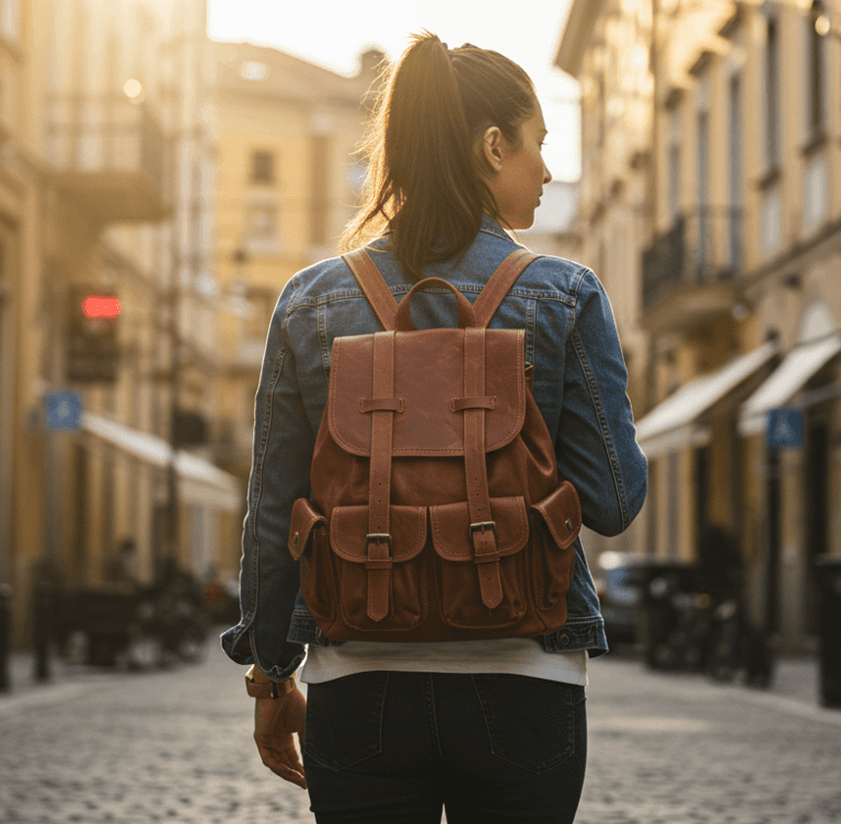 stylish traveler with a backpack in a vibrant travel setting