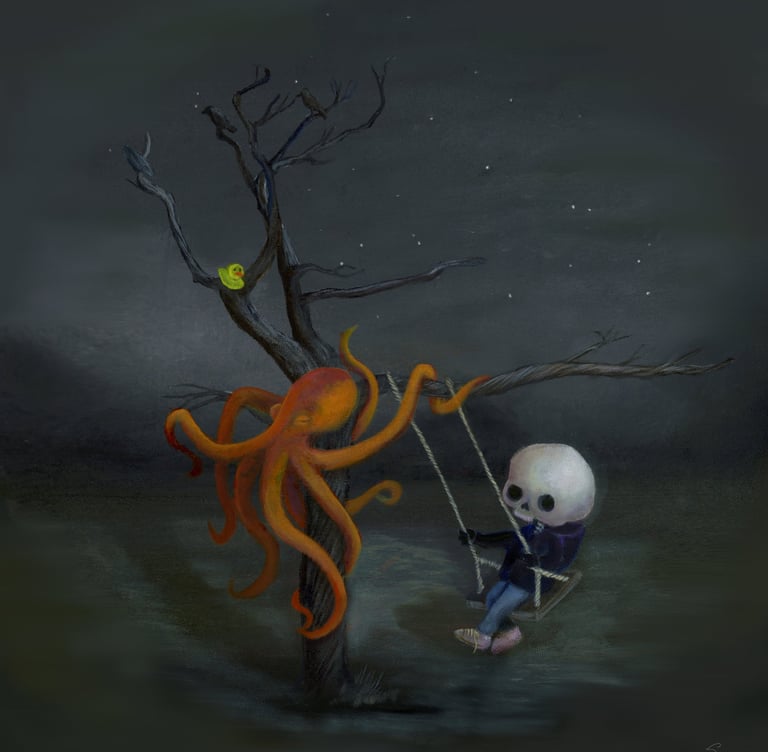 a skeleton skeleton in a swing set