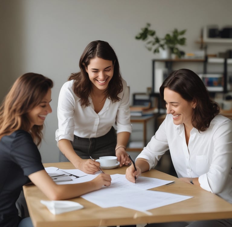 Two women are sitting at a small wooden desk, focusing on a laptop screen. One is wearing a white blouse with black stripes, and the other is in a dark sweater with glasses, resting her face on her hand. There are notebooks, a mug, and some printed materials on the desk.