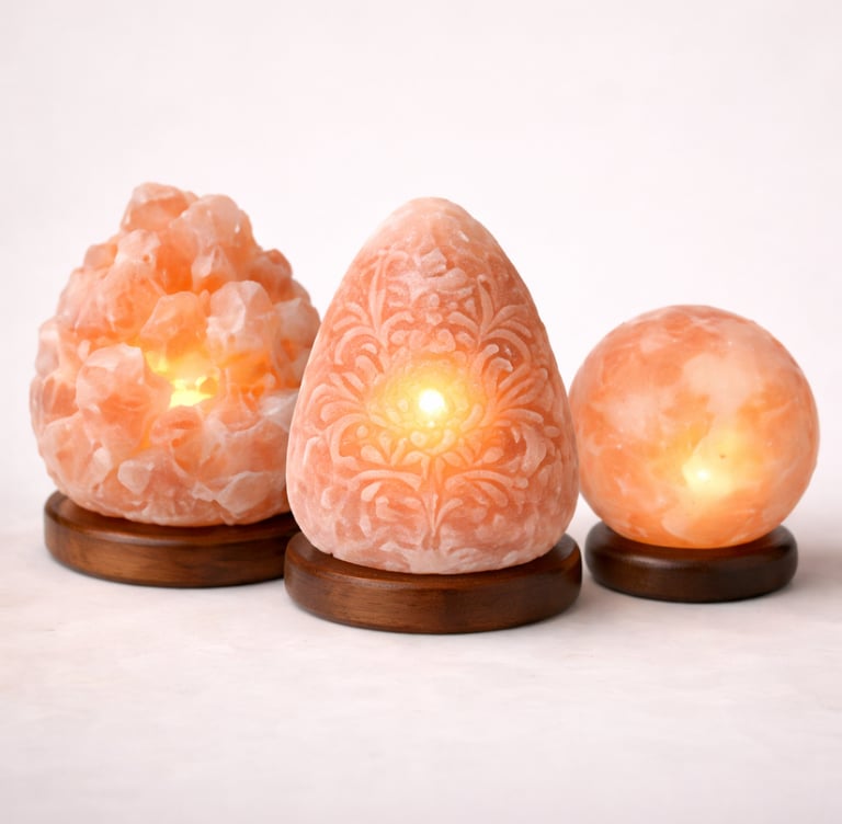 Handcrafted Himalayan salt lamps trio with warm ambient glow lighting décor