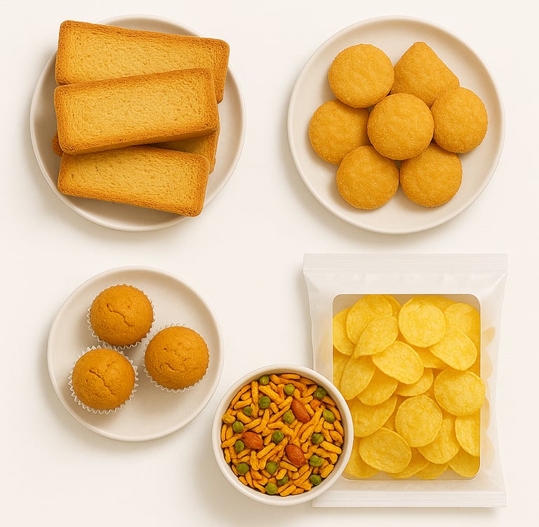 Bakery and snack items including rusks, sweets and chips
