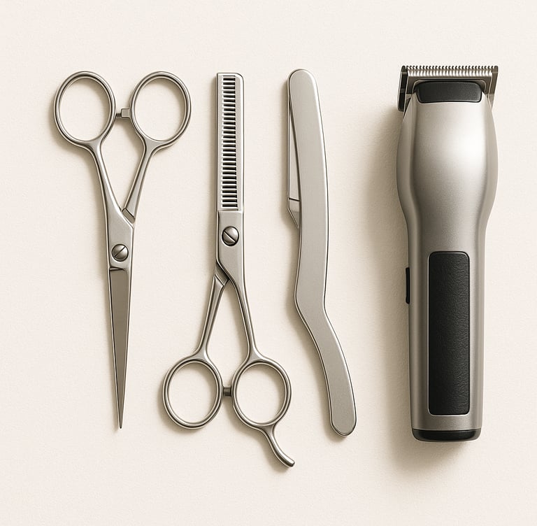 Hairdressing tools including scissors, trimmers and styling equipment for salon use, export grade be
