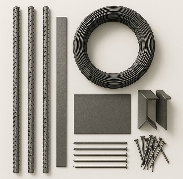 Steel and metal products including rods, sheets and fasteners for structural construction, export gr