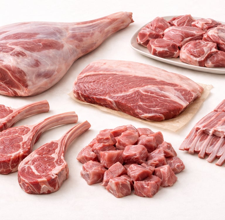 Export-quality sheep meat products including chops, leg cuts, and diced lamb