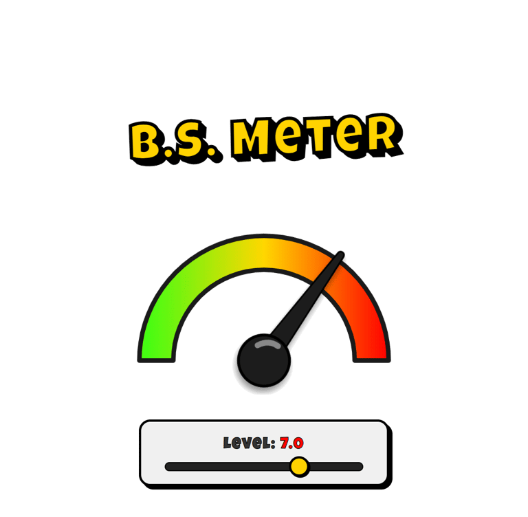 B.S. Meter graphic featuring a gauge with a green, yellow, and red scale, used to rate the level of nonsense or frustration.