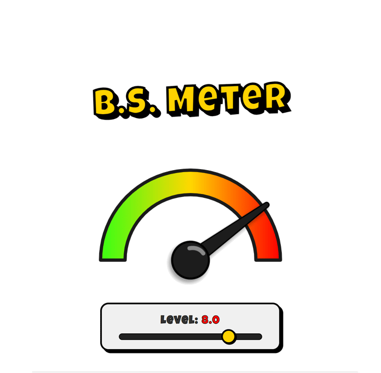 B.S. Meter graphic featuring a gauge with a green, yellow, and red scale, used to rate the level of nonsense or frustration.