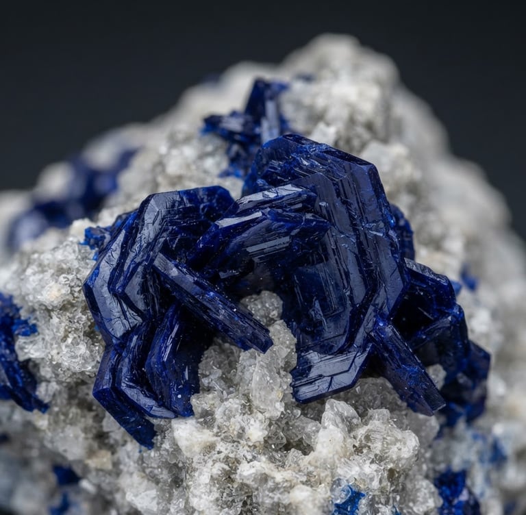 Macro shot of a deep-blue azurite specimen from the Touissit mine, displaying an uncommon tabular habit, preserved perfectly in its dolomite matrix, diffused high-CRI studio lighting, deep charcoal background, sharp focus on crystal faces.