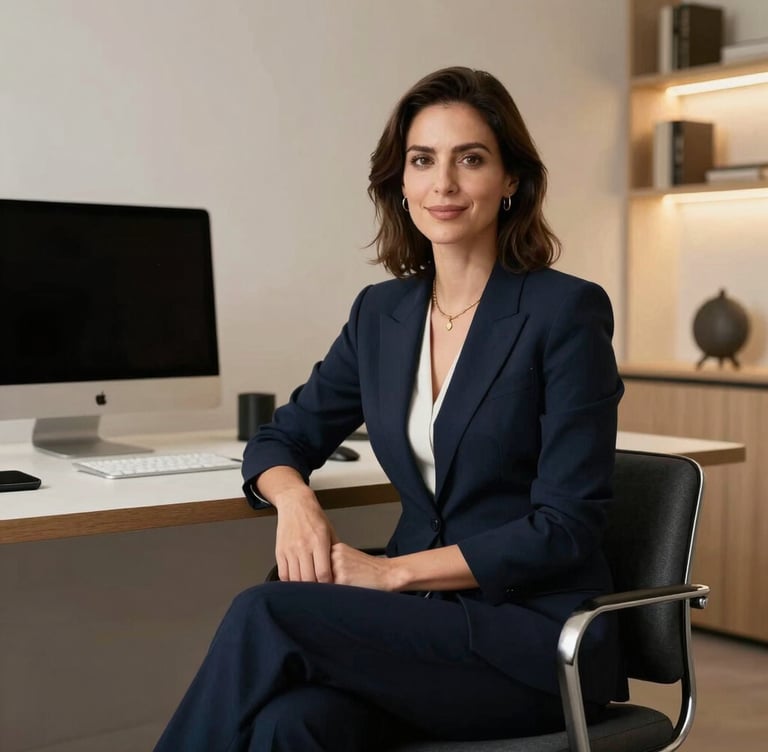 Professional, high-end portrait of a female design lead sitting in an elite modern creative studio with clean lines and premium navy aesthetic, Global / North American setting. Soft warm gold lighting from the side, elegant professional vibe, high-end commercial editorial style.