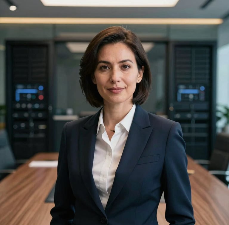 Professional, high-end corporate portrait of a female executive in a modern high-tech boardroom, Global / North American setting. Softly out-of-focus background with deep navy server glass walls and subtle royal gold light strips. Elite, trustworthy expression, sharp focus, cinematic corporate headshot style.