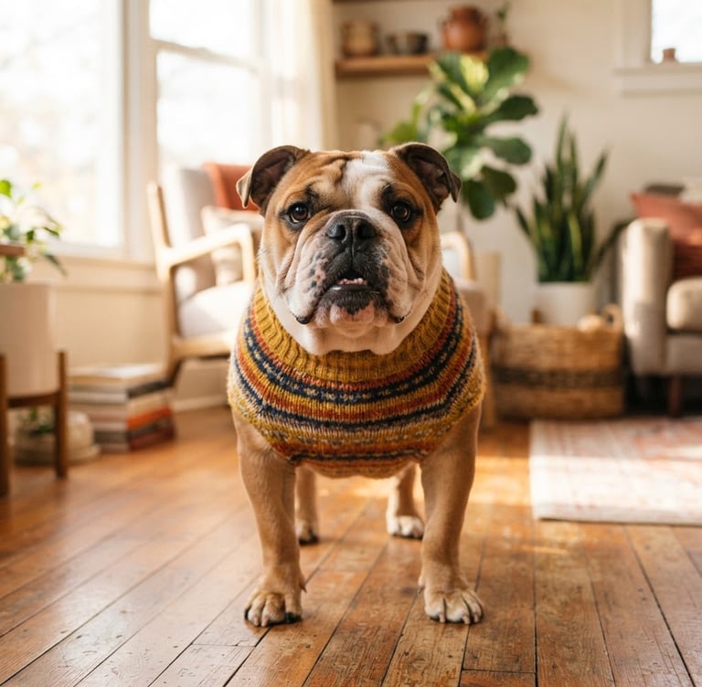 Bulldog ingles con suéter tejido a mano con colores otoñales y cuello alto