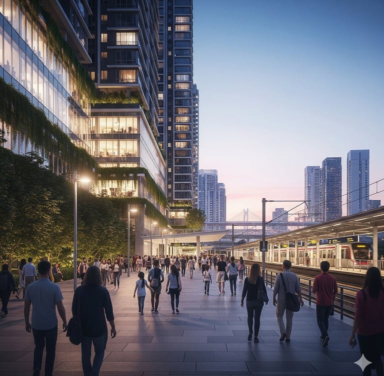 Crowd of commuters walking on a plaza towards a modern train station, representing the RTS Link
