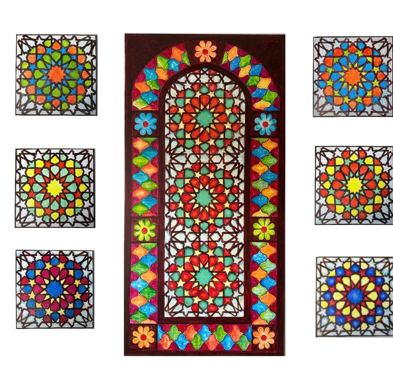 A set of one large 24x48 and 6 small 12x12 paintings of middle eastern stained glass windows