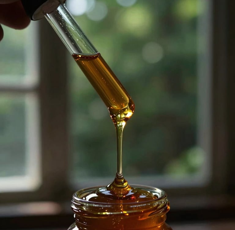 Macro close-up of dark amber honey dripping from a glass dropper, moody low-key natural light, soft side-lit window sun, rich shadows, forest green background.