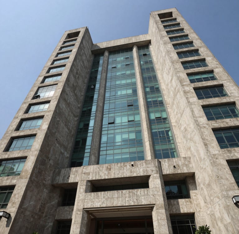 Low-angle architectural photograph of a massive concrete and glass civic headquarters in New Delhi, crisp structural geometry, deep shadows, bright daylight.