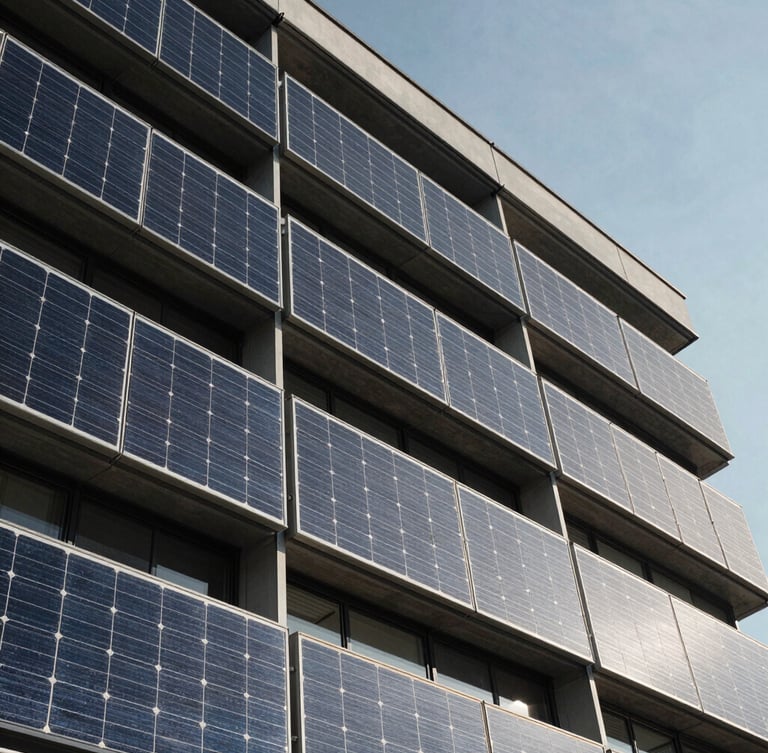 Low-angle detailed shot of a modern sustainable building facade with integrated solar shading panels under crisp daylight
