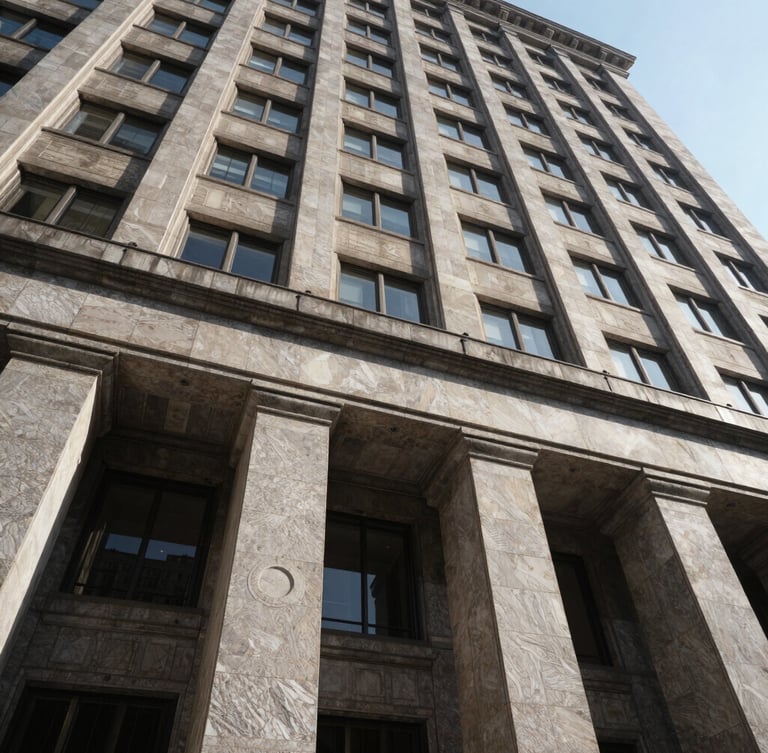 Dramatic low-angle perspective of a massive banking headquarters facade under crisp daylight, emphasizing structural geometry and deep shadows