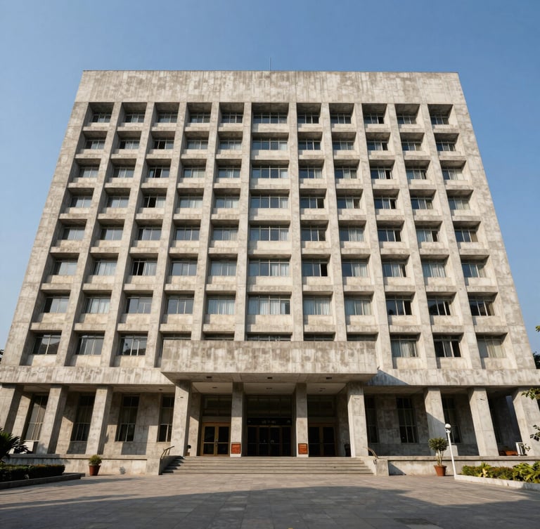 Dramatic wide-angle architectural photograph of a massive concrete civic headquarters in Dehradun, strong geometric shadows, bright daylight