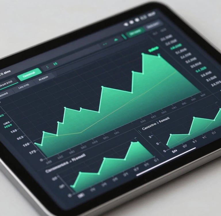 Macro close-up of a high-fidelity interactive wireframe of a financial dashboard on a tablet, clean neutral studio lighting, sharp UI details, sea green active charts.