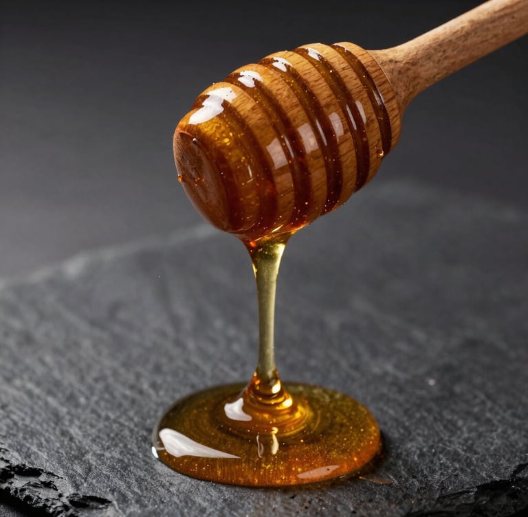 Extreme close-up of dark amber-gold Acacia honey dripping slowly from a rustic wooden dipper, dramatic side-lighting, dark charcoal slate background.