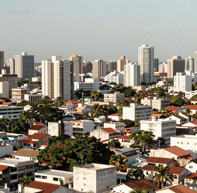 Vista aérea suave de Recife e suas cidades vizinhas, com destaque para a área metropolitana, tons quentes e naturais, luz do dia, limpo e organizado.