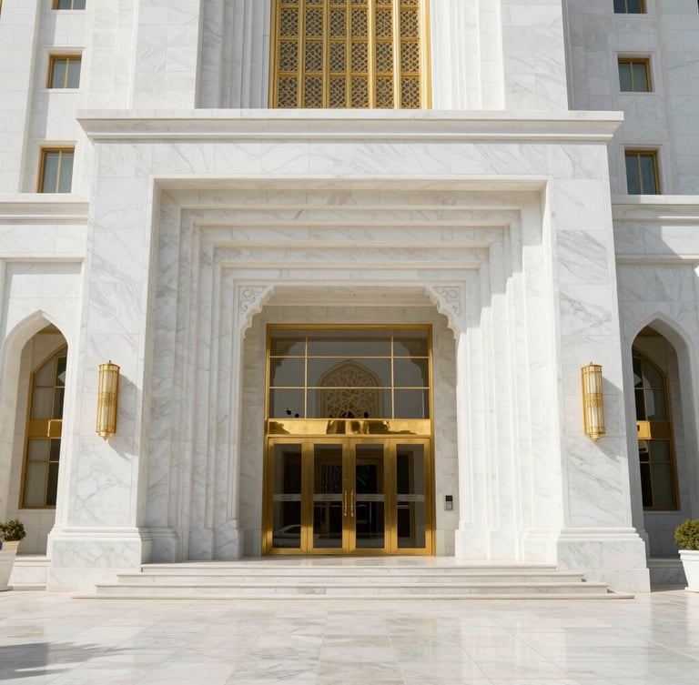 Symmetrical wide architectural shot of a luxurious white marble courthouse entrance in Riyadh, bright natural daylight, polished stone reflecting golden sun rays, elite institutional atmosphere, 35mm lens