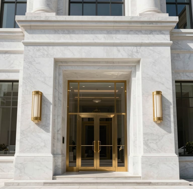 Symmetrical architectural shot of a luxury white marble courthouse entrance, clean lines, bright natural daylight, soft gold reflections, editorial photography